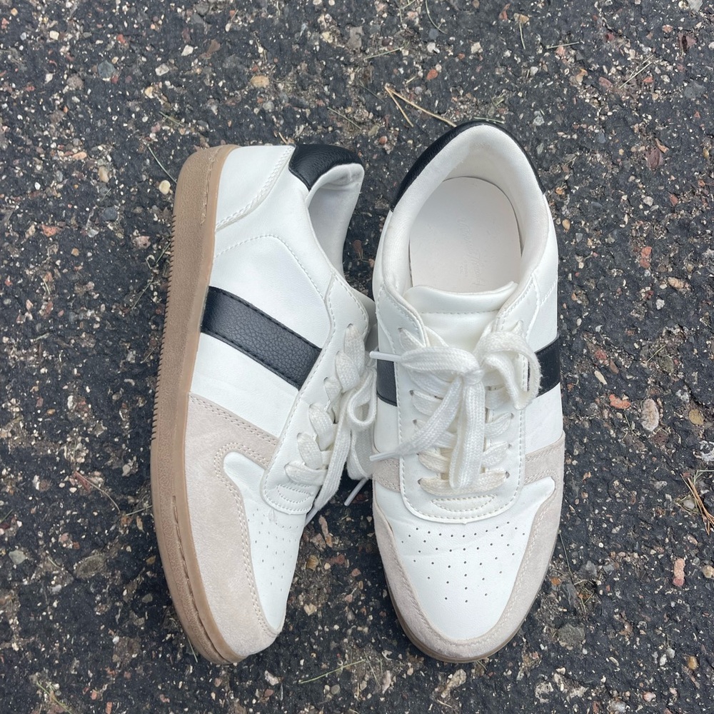 White and Black Sneakers with Tan Soles